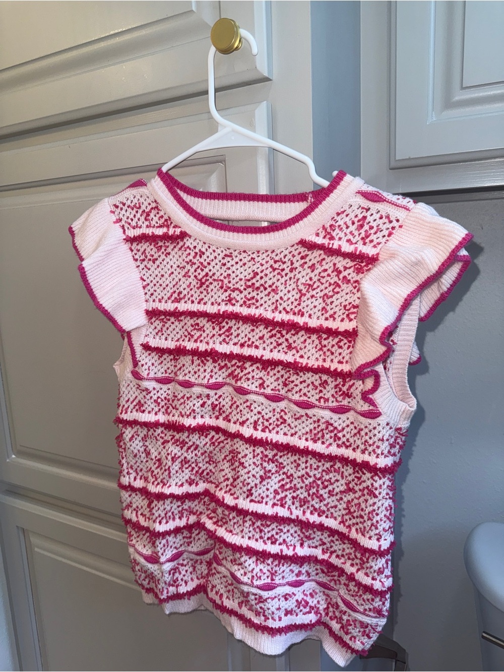 Pink & White Knit Ruffle Sleeve Top